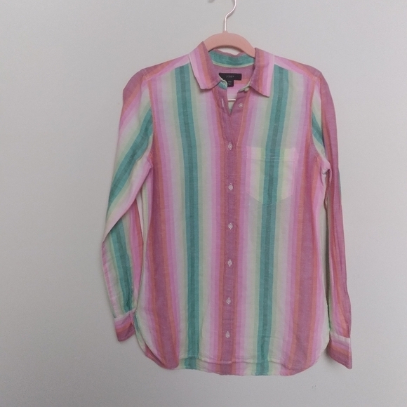 J. Crew Classic Fit Boyfriend Button Front Linen Blend Shirt in Rainbow Stripe - Picture 7 of 11